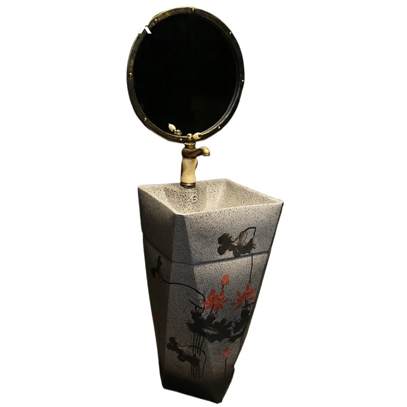 

Ink lotus column basin Floor-to-ceiling integrated ceramic washbasin Vertical basin Chinese style