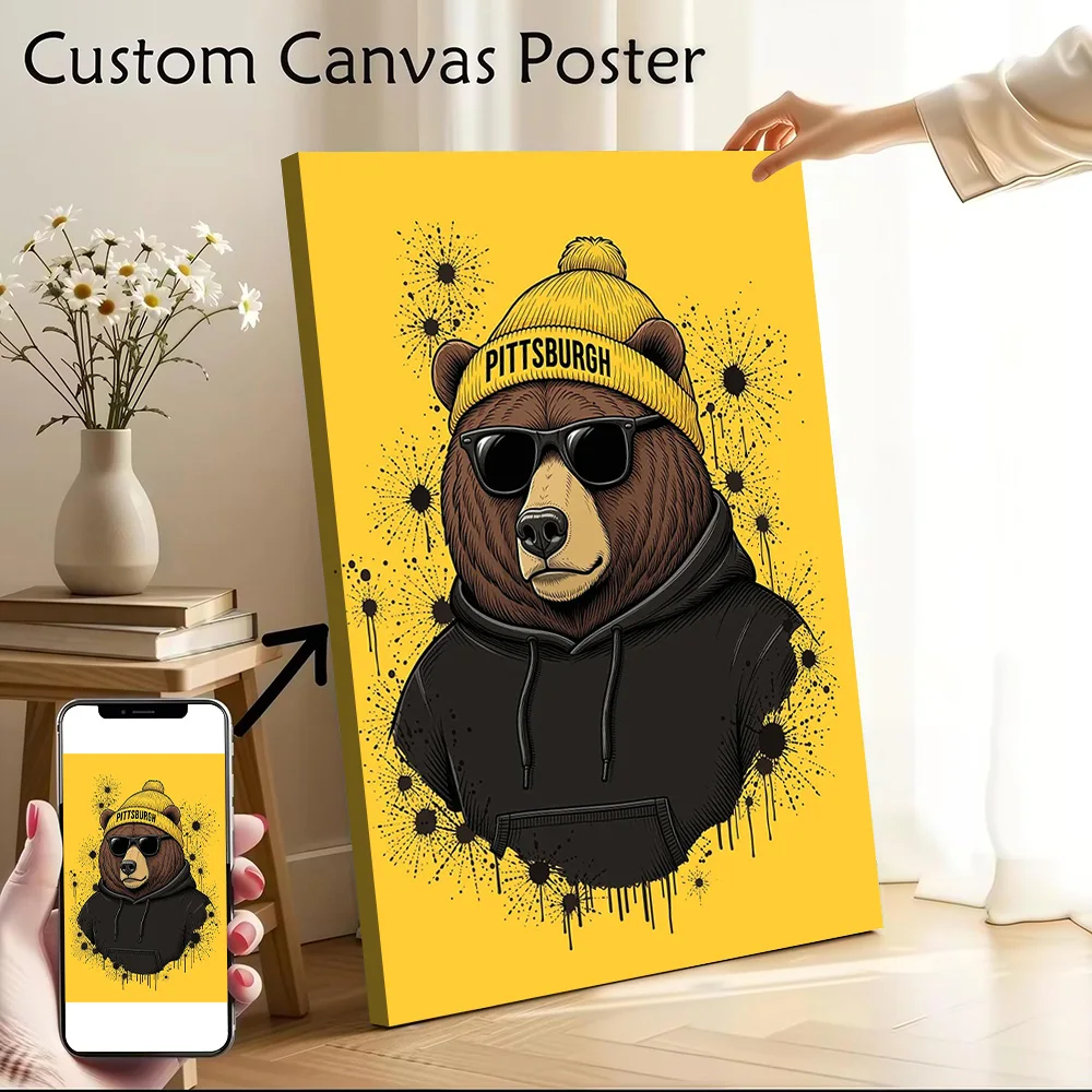 Cool Bear Wearing Pittsburgh Beanie Printed Canvas Wall Art Customizable Paintings Poster Perfect Gift for Room Ornaments Mural