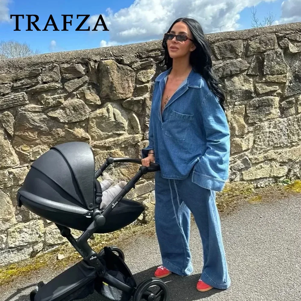 TRAFZA 2024 Spring Summer Casual Denim Women Suits Fashion Vintage Turn-down Collar Pocket Shirts+Chic Drawstring Wide Leg Pants