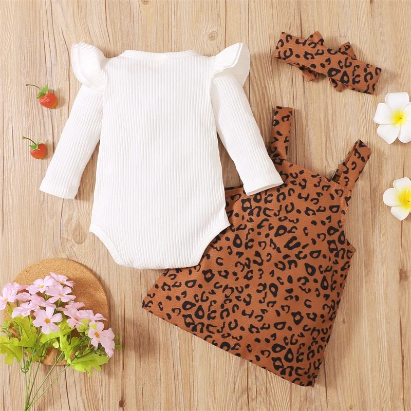 

3 Pcs Toddler Girls Stylish Sets Ruffle Sleeve Round Neck Top Floral Print Suspender Skirt Matching Headband for a Cute