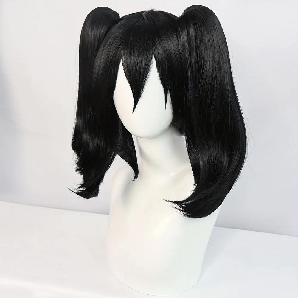 Perucas cosplay perucas de cabelo liso sintético preto de 16 polegadas com rabo de cavalo duplo