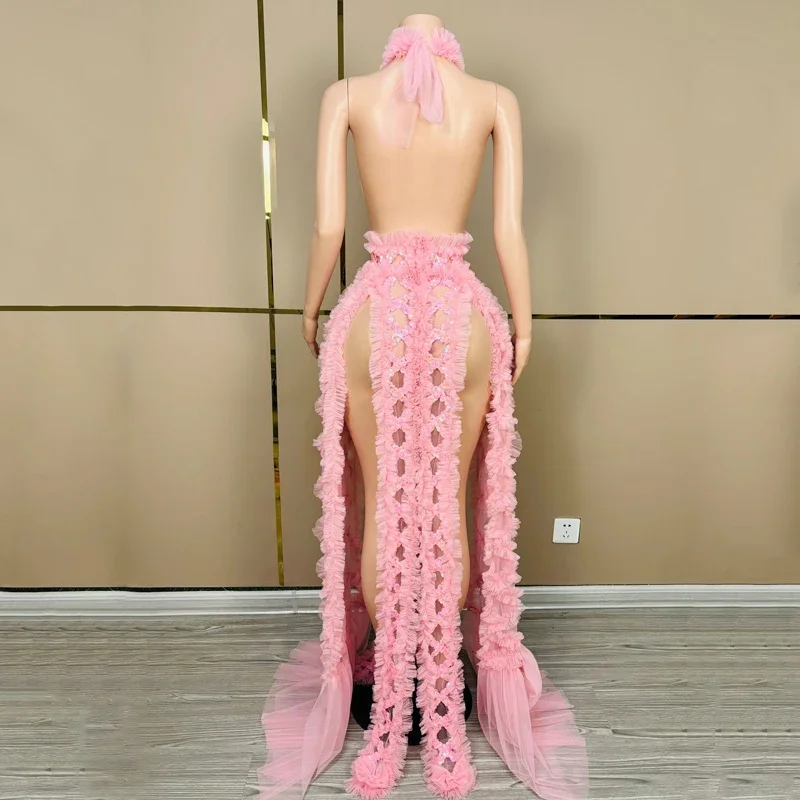 สีชมพูชุดปาร์ตี้เลื่อมเซ็กซี่ Cutout งานแต่งงานฉลองชุดผู้หญิงนักร้องเครื่องแต่งกายชุด Clubwear