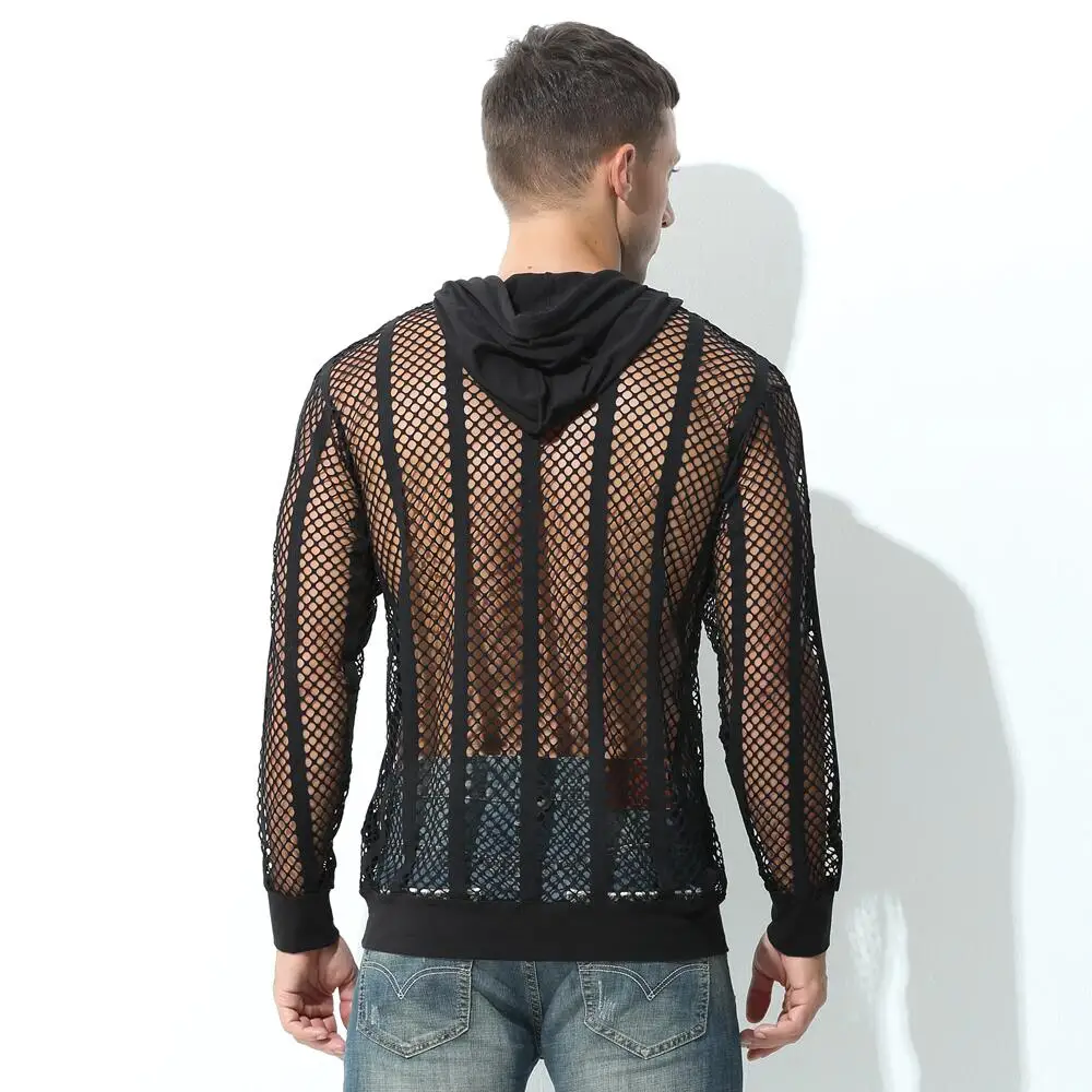 Men's Clothing Sexy Hollow Mesh Tops Hooded Hoodies See Through Transparent Sweatshirt Streetwear Clothes Casual Tops Pullovers