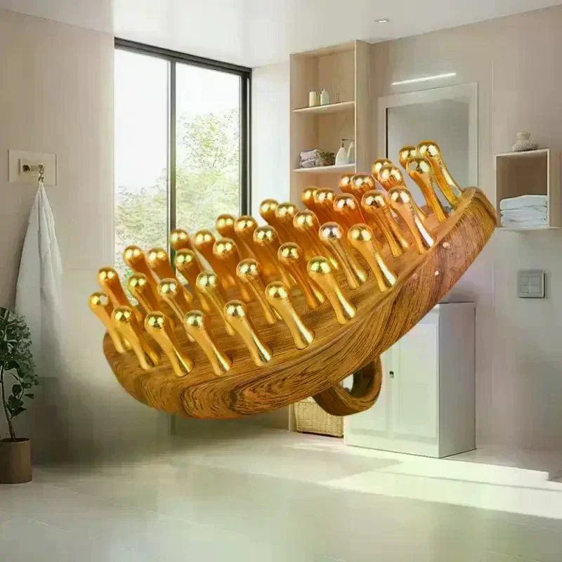 

Цельная латунная меридианная щетка с 39 зубьями, массажная щетка с деревянной ручкой, многоцелевой инструмент для красоты и массажа тела