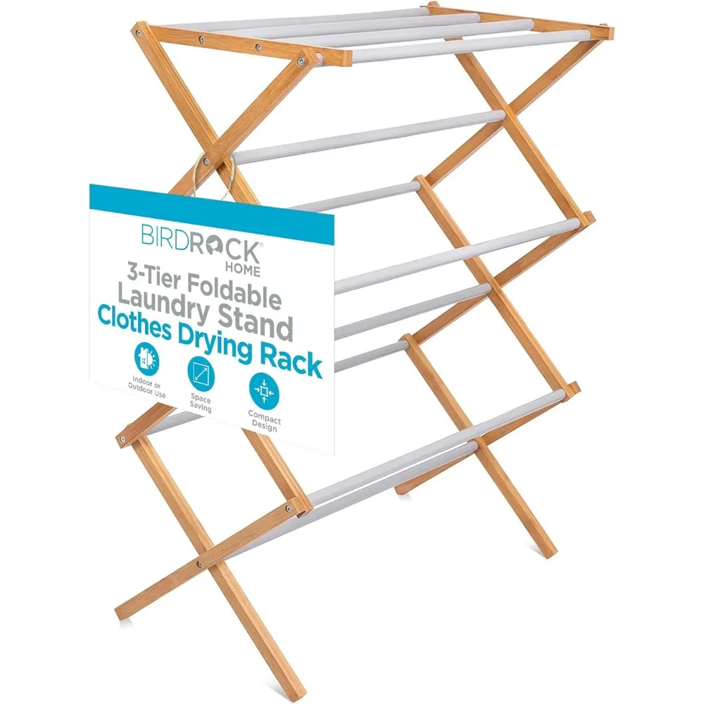 

Wooden Clothes Drying Rack | 3-Tier Foldable Bamboo Laundry Stand | Water-Resistant, Fully Assembled, Collapsible