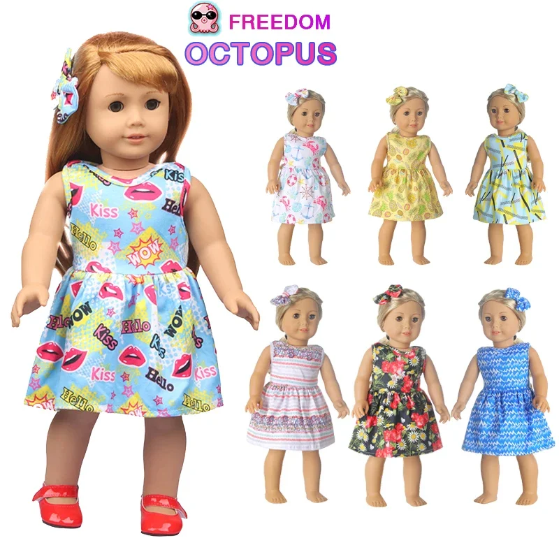 아메리칸 인형 밀크 실크 스커트 + 머리핀 꽃, 12 색 인쇄 의류 세트, 43cm 다시 태어난 아기 OG 소녀 인형 팬티, 18 인치