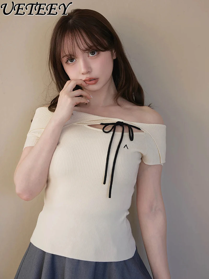 

Japanese Style Spring Summer New Cross Off-Shoulder Short Sleeve Solid Color Knitted T-Shirt Pure Desire Hot Girl Short Top