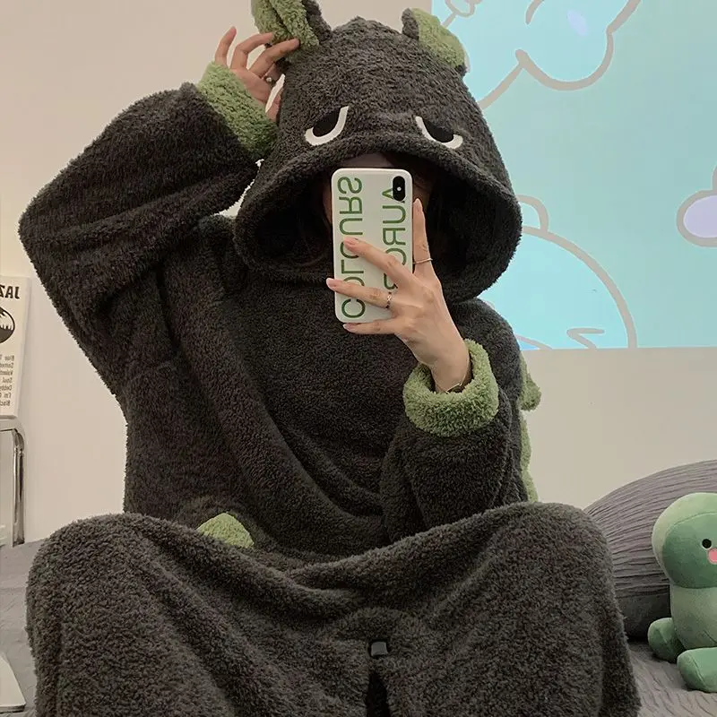 

Kawaii Conjoined Pajamas Girl Autumn Winter Cartoon Sleepwear Coral Fleece Keep Warm Homewear Thicken Bathrobe Hooded Pj Set