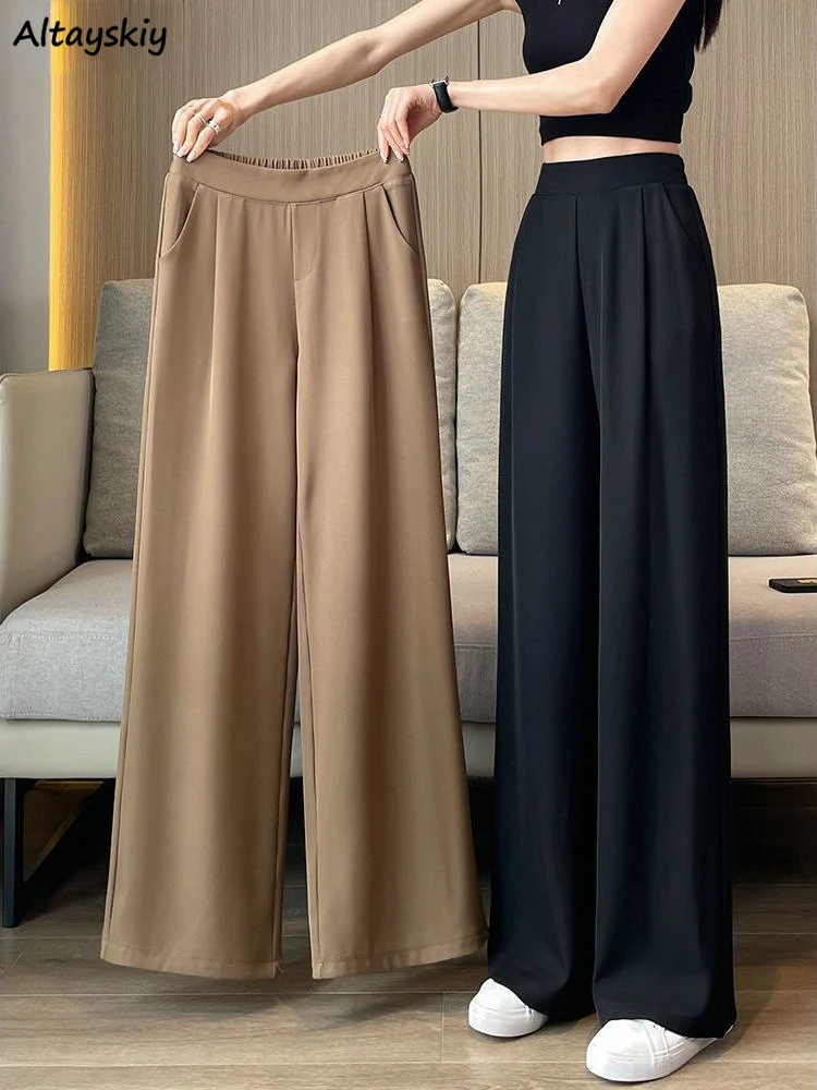 Calça solta de cintura alta feminina, estilo coreano na moda, feminina de escritório que combina com tudo, casual até o chão, elegante e simples, design de verão