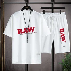 RAW Summer Mens Sets O-neck Casual Tracksuit Tshirt Shorts Suit Patchwork Shorts Sets Loose Jogger Sportwear Two-piece Clothing