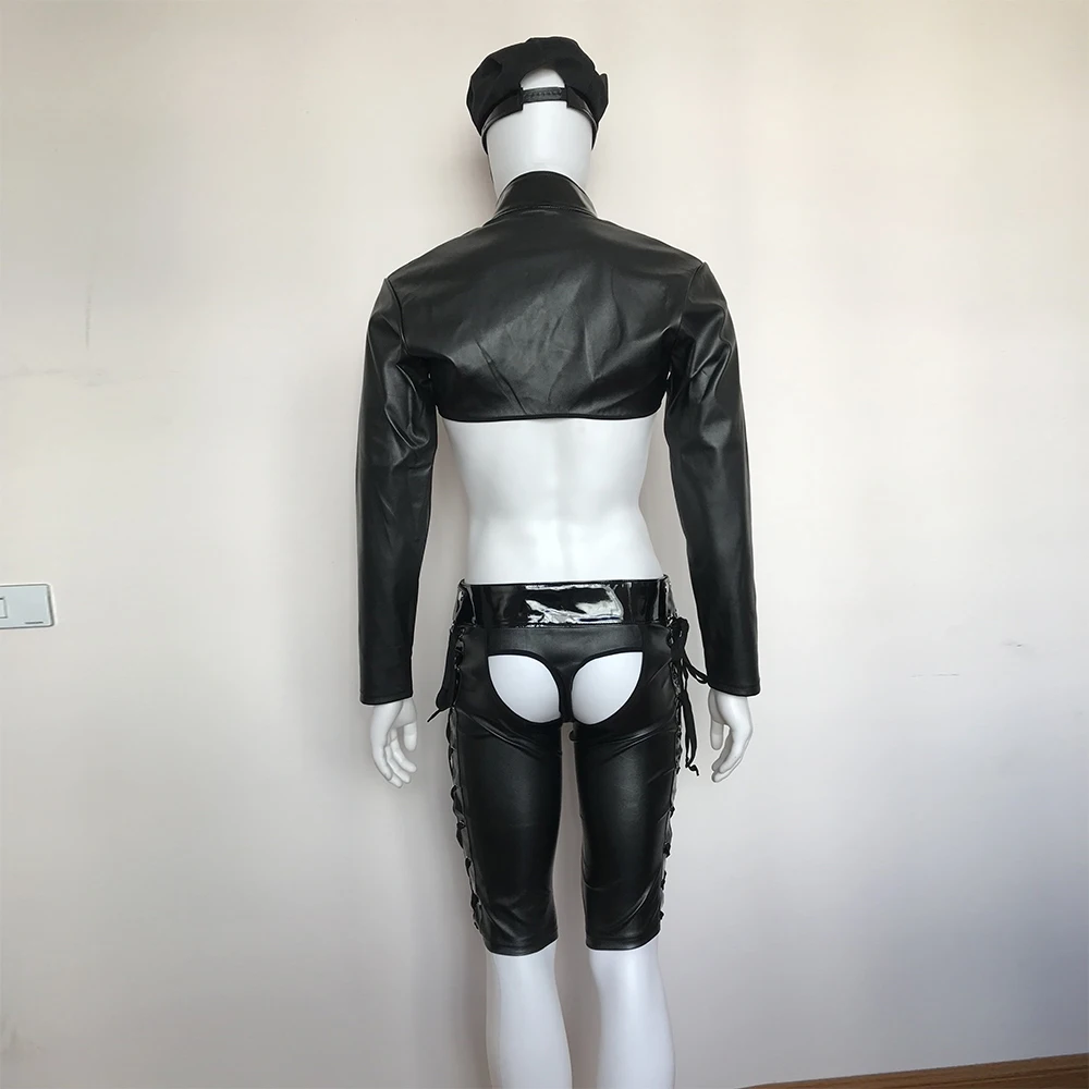 3PCS Men Sexy Faux Leather Body Chest Harness Crop Tops+Open Butt Bandage Shorts+Hat Police Uniform Set Cosplay Stage Costumes