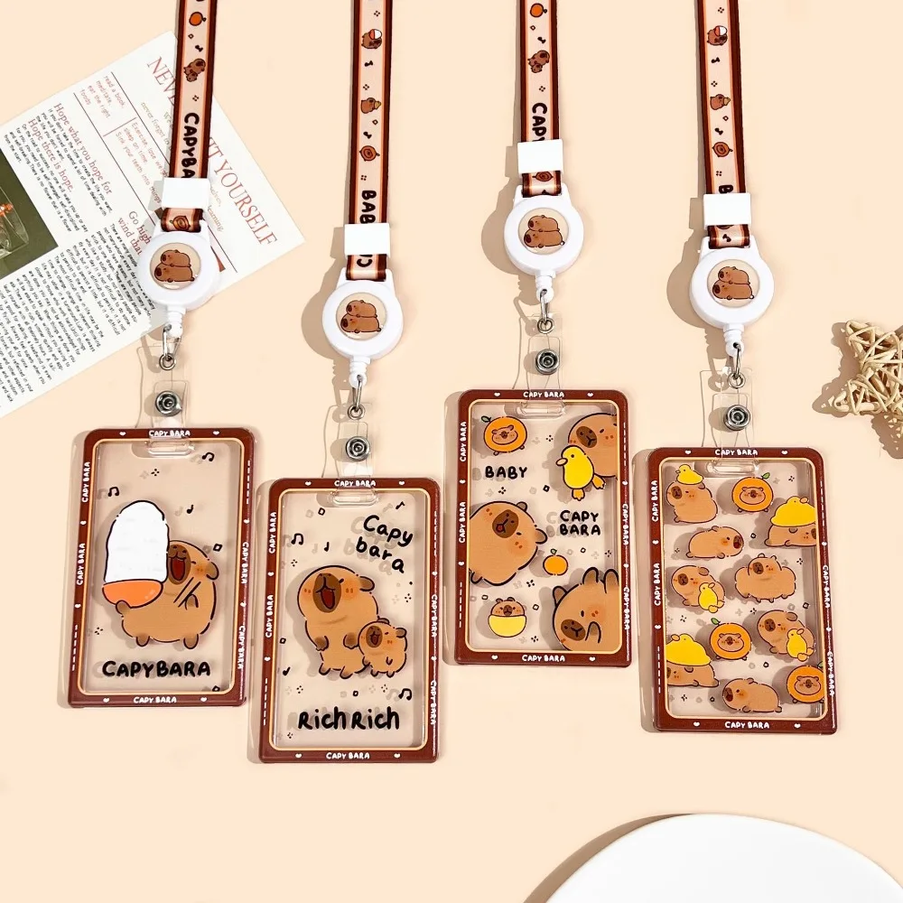 Kawaii Cartoon Capybara Photocard Holder with Lanyard Keychain Photo Protector Case Transparent Card Cover Photo Storage