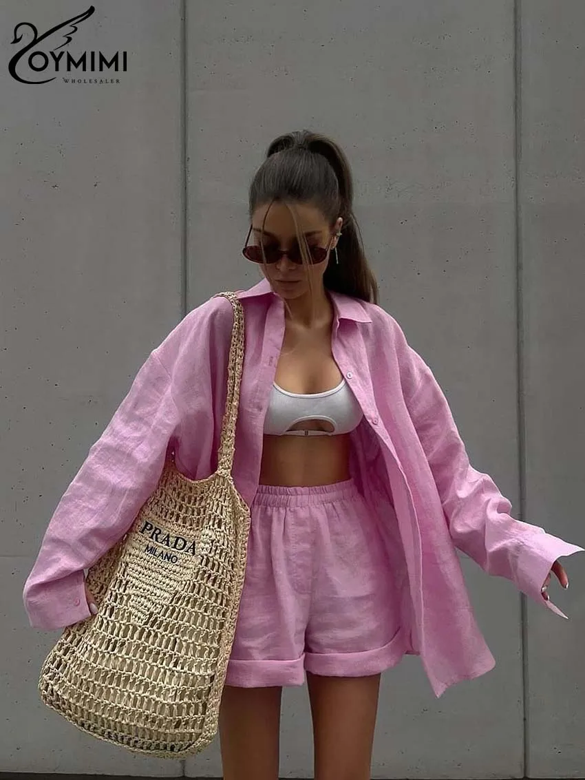 Oymimi-Conjunto de 2 piezas de algodón y cáñamo para mujer, elegante camisa de manga larga con botones y pantalones cortos simples de cintura alta,