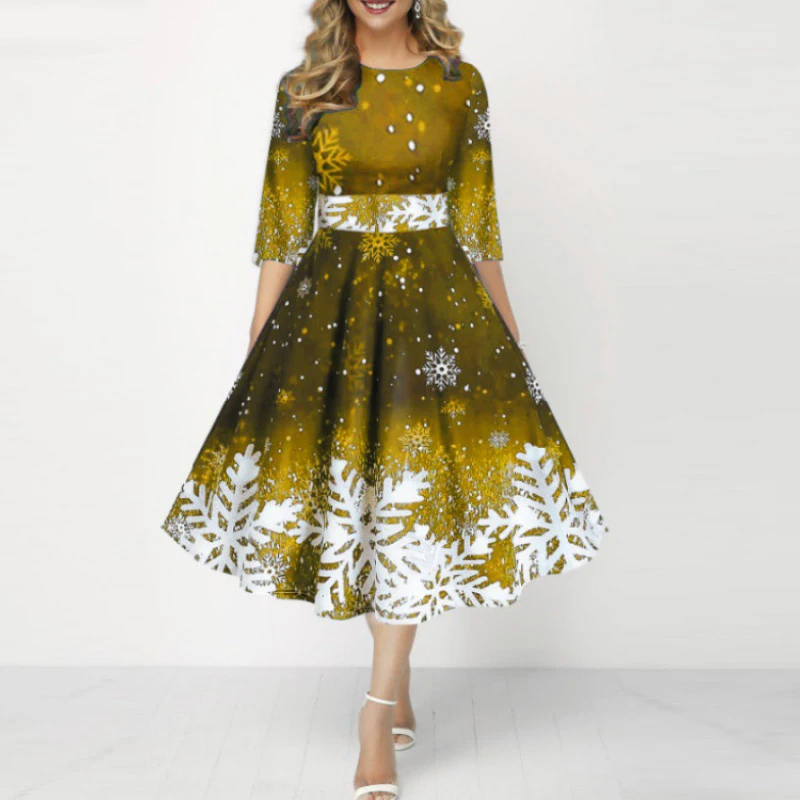 فستان عيد الميلاد للنساء برقبة دائرية 3/4 كم فساتين حفلات على شكل حرف a للنساء فستان ميدي مطبوع على الموضة فستان سهرة أحمر #4