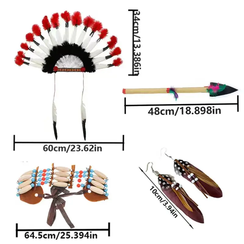 مجموعة إكسسوارات الأزياء الهندية الأصلية من PESENAR، ضفائر مزدوجة، غطاء رأس من الريش، أقراط وسوار وقلادة #1