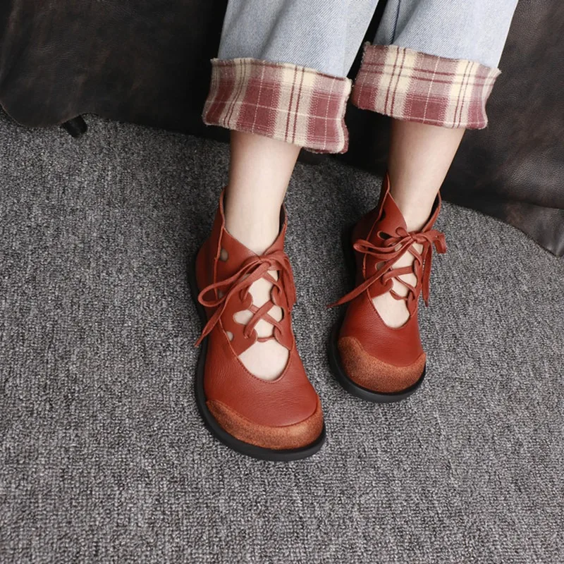 

Birkuir Retro Hollow Out Boots For Women Lace Up Genuine Leather Flat Platform High Top Female Thick Heels Back Zip Short Boots