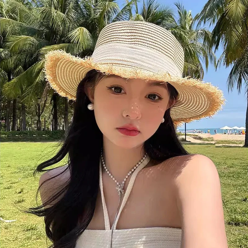 UV Protection Straw Sun Hat Summer Beach Vacation Wide Brim Flat Top French Style Protective Casual Headwear