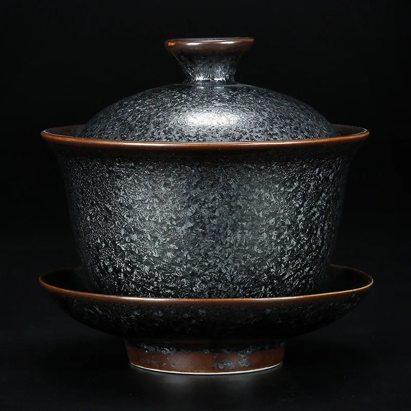 Jiazhan Kiln, Li Jiadun, Tianmu Bowl, Large Set, Tea Cup, Ceramic Inlaid Silver, Three Talents Cover Bowl