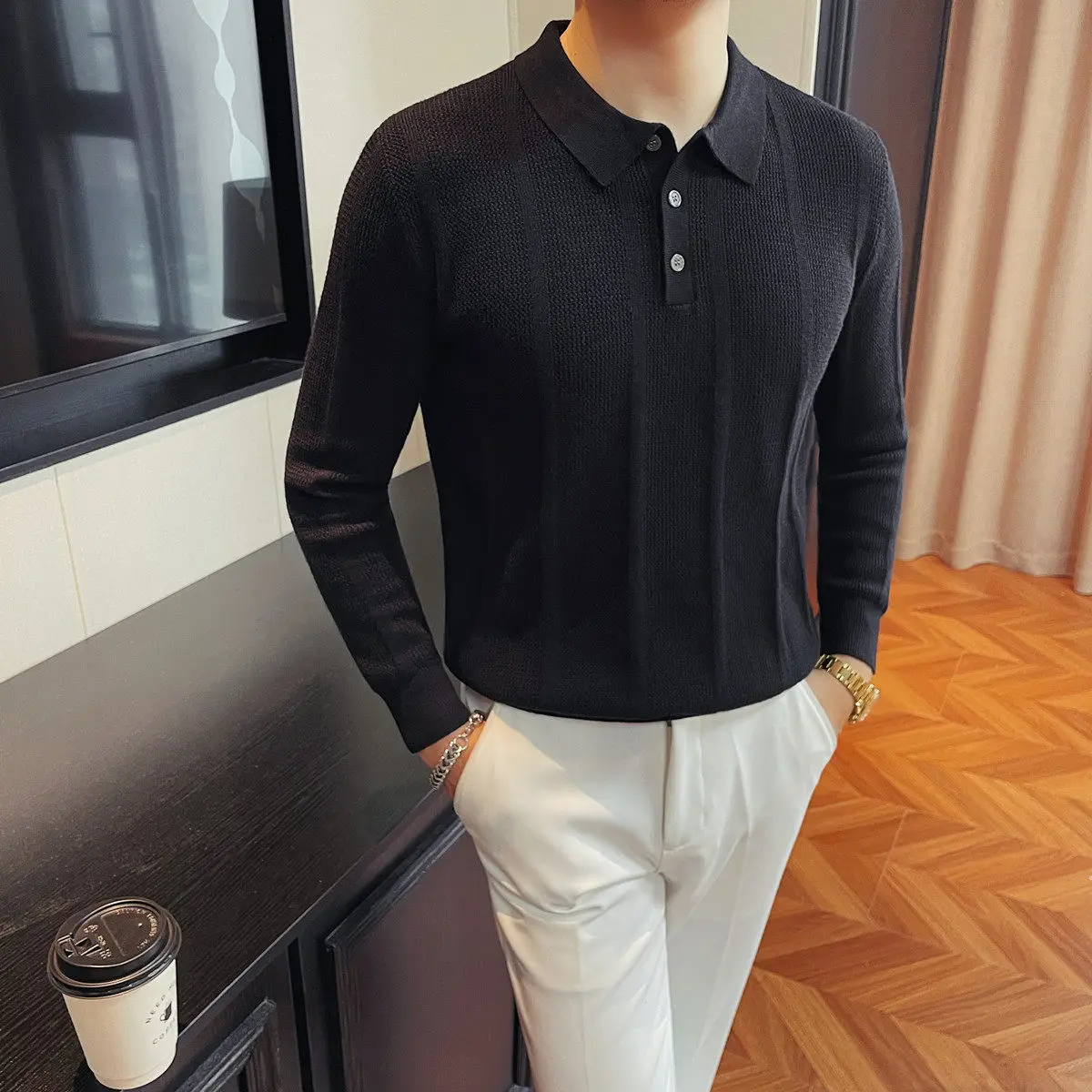 POLO Collar Half-zip Knitted Shirt for Men Long-sleeved Slim-fit Commuting Pullover Versatile Casual Business Knitted Sweaters