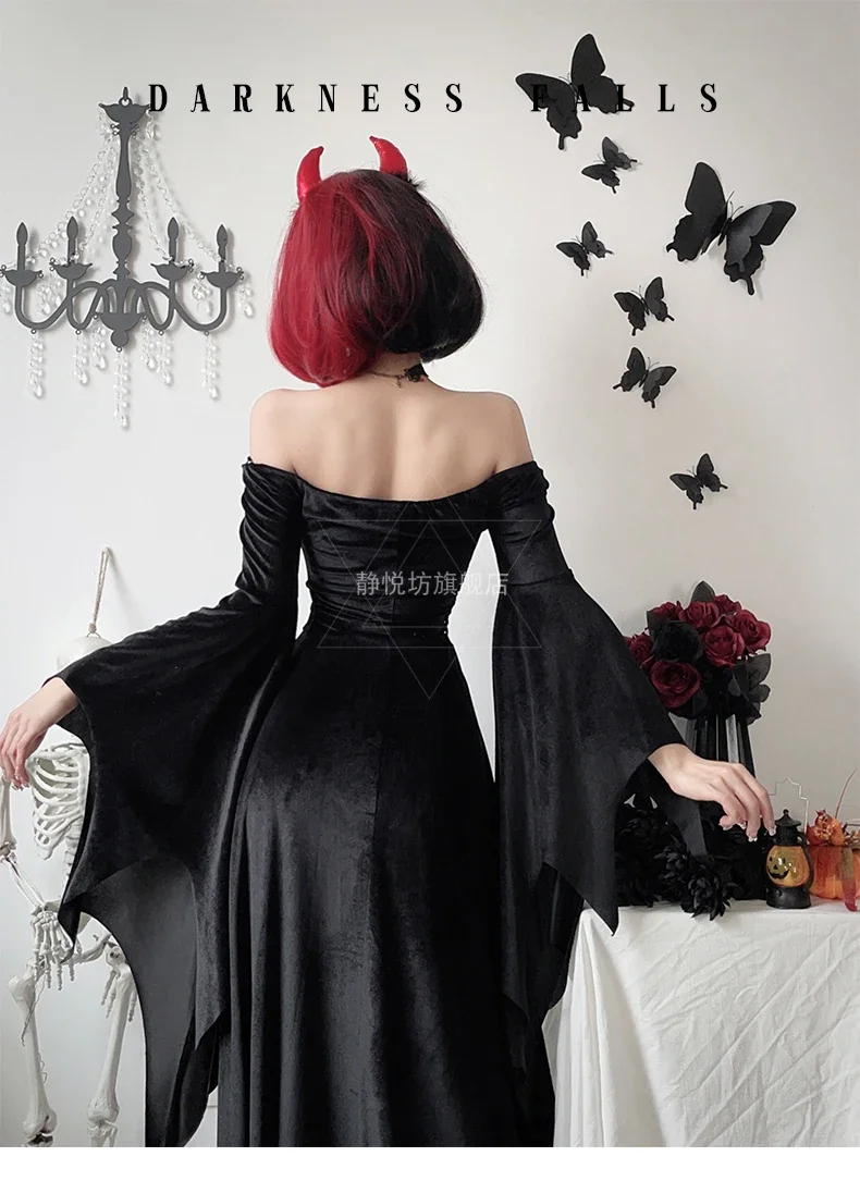 Disfraz de Halloween para mujer, juego de rol de Anime, vestido negro, bruja, vampiro, negro, un hombro, manga trompeta, falda larga, ropa de novia