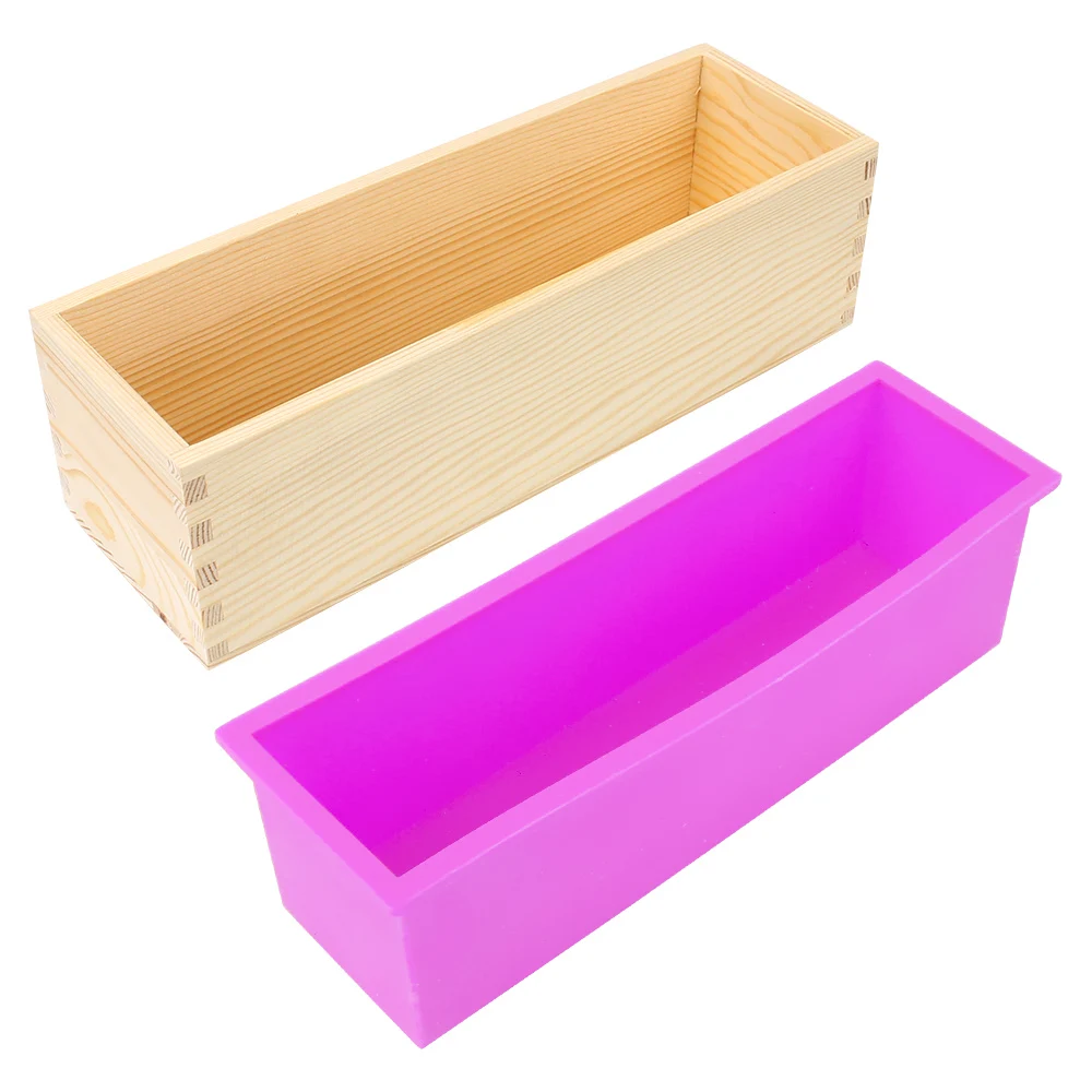 Silicone Soap Mold Kitchen Tools Rectangular DIY Handmade Tool Baking Toast Cake Loaf Mold with Wooden Box