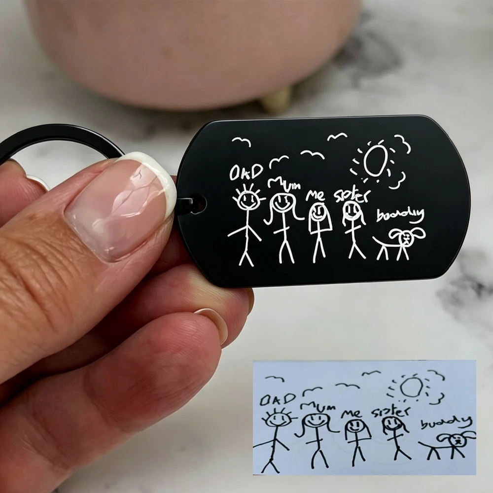 Custom Kids Drawing Art Keychain Childs Drawn sketch Keychain Stainless steel 2 Sides Custom Keychain Unique Children's Gifts