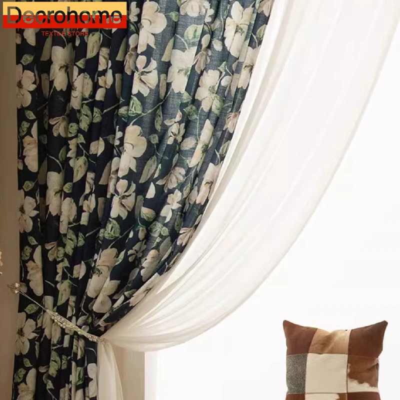 

American Retro Blue Floral Cotton and Linen Window Screen Curtains for Living Room Bedroom French Window Customized Products