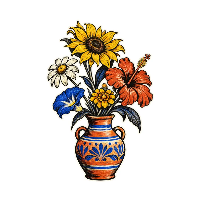 Colorful Floral Vase Car Decal, Waterproof Sun Resistant Printed Vinyl Decorative Sticker for Vehicle Windows and Body Panels