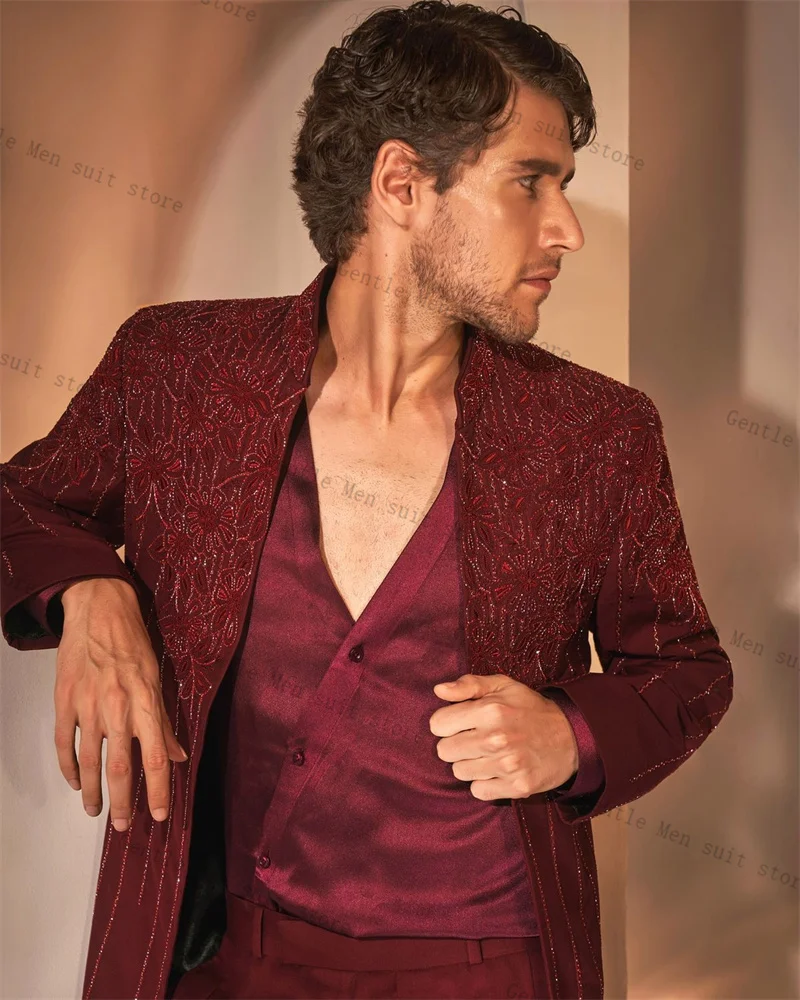 Burgundy Luxury Crystals Men Suit Set 2 Pcs Blazer+Pants Trousers Wedding Tuxedo Formal Office Jacket Cotton Coat Customized