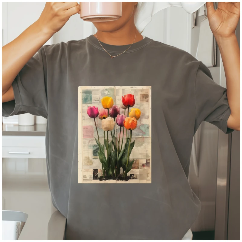 24cm Retro Newspaper Background Flower Poster Rose Hydrangea Fashion Heat Transfer Stickers T-shirt Printing DIY Ironing Patch