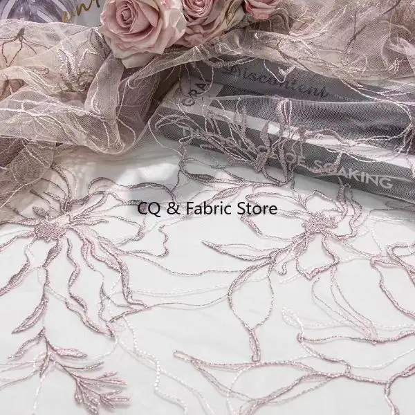 New Embroidered Mesh Fabric With Silver Wire Lotus For DIY Dress Wedding Decoration Designer Fabric By The Yard