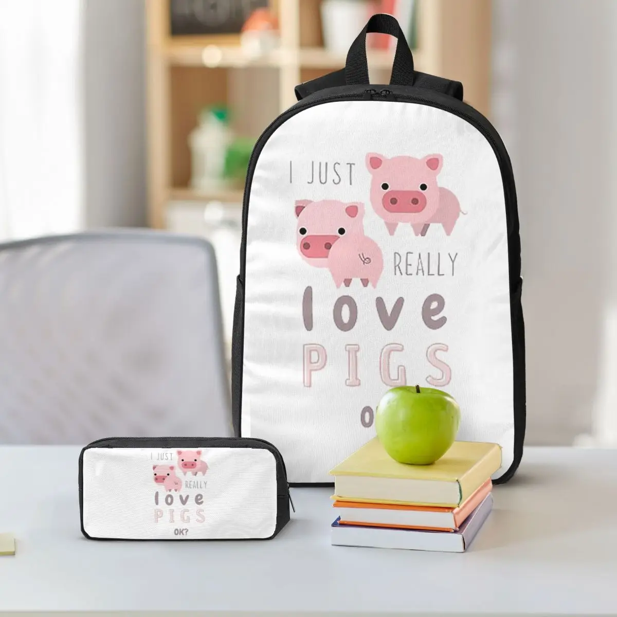 Funny Pigs For Pig Lovers Backpack Student BookBag School Bag Shoulder Bags 3ps Insulated Lunch Bag Pencil Case