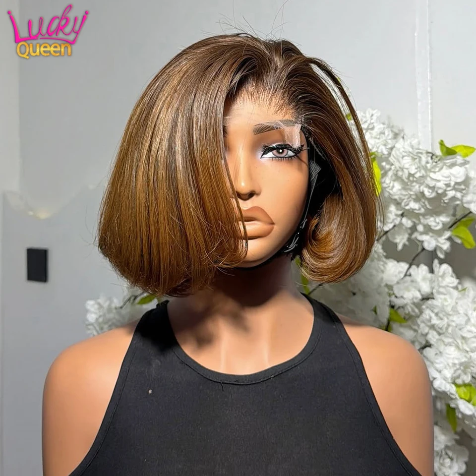 

Парик из 100% натуральных человеческих волос, омбре оранжево-коричневый, 13x4, с кружевной передней частью, для женщин, волнистый, стрижка боб, с темными корнями, дышащее кружево