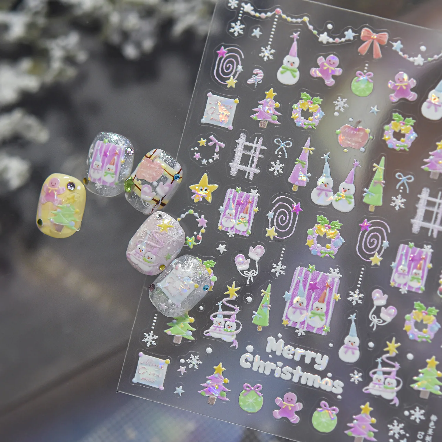 Dreamy Christmas 5D Nail Stickers Snowman Gingerbread Man Wreath Snowflake Bow Self Adhesive Nail Decoration Stickers Accessory