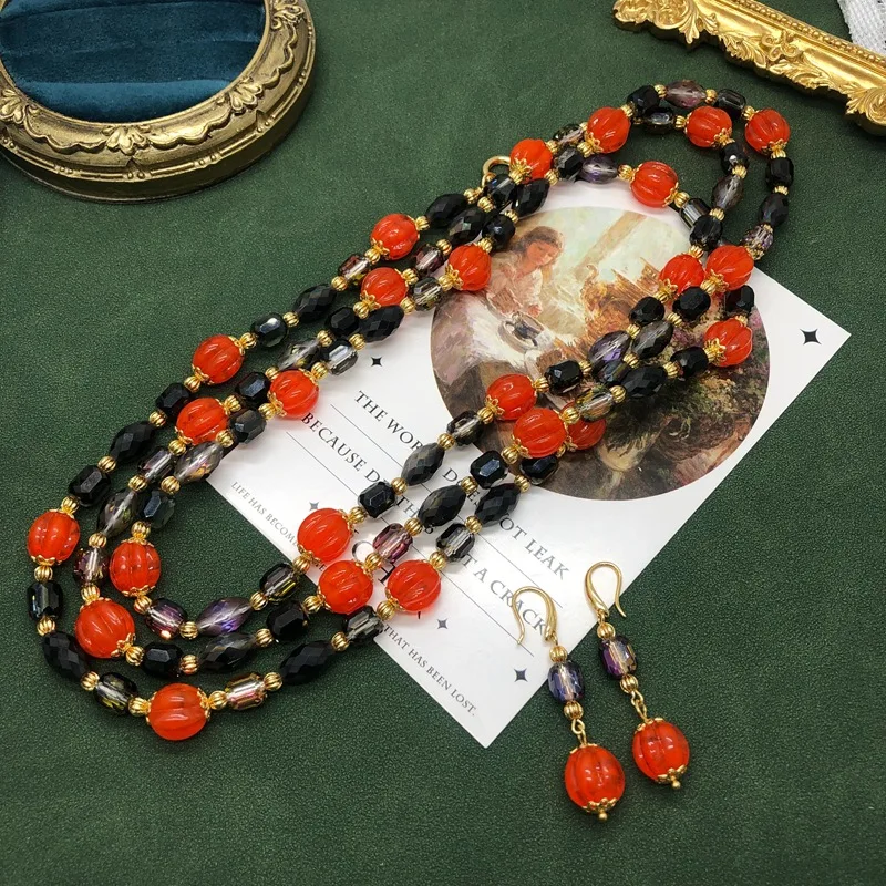 

European and American pumpkin glass beads retro long necklace earrings