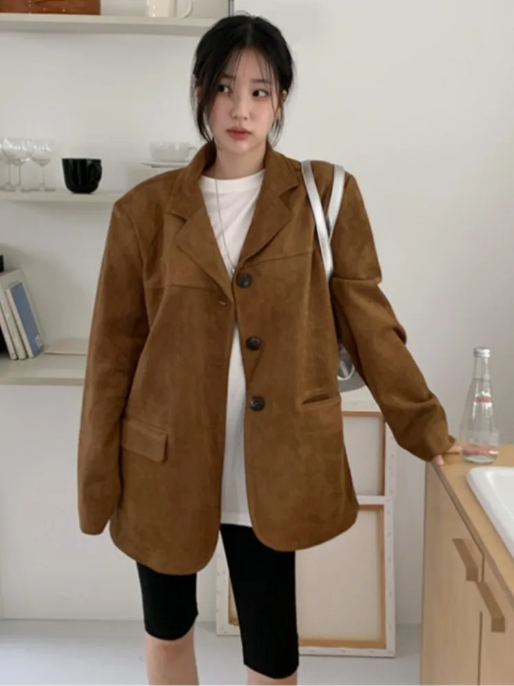 Casaco Casual Versátil de Manga Longa em Suede Sintético Estilo Retro Chic para Mulheres Outono Inverno Ajuste Solto Estilo E...