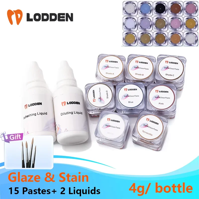 

Dental Stained Glaze Paste Kit Dental Lab Ceramics Stains 4g/bottle 15Colors for Low Temperature Glazing Zirconia Materials