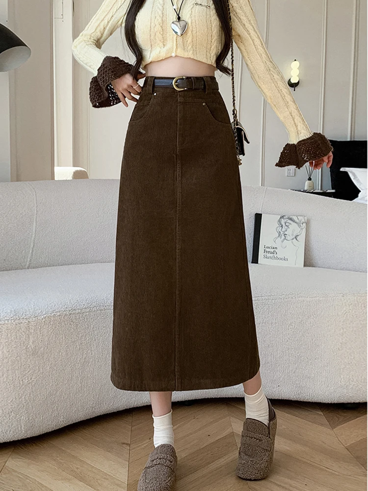 Winter Corduroy Women\'s Long Skirt Woman Vintage High Waist Wrap Cargo Bodycon Skirts With Belt A-line Black Brown Faldas Largas