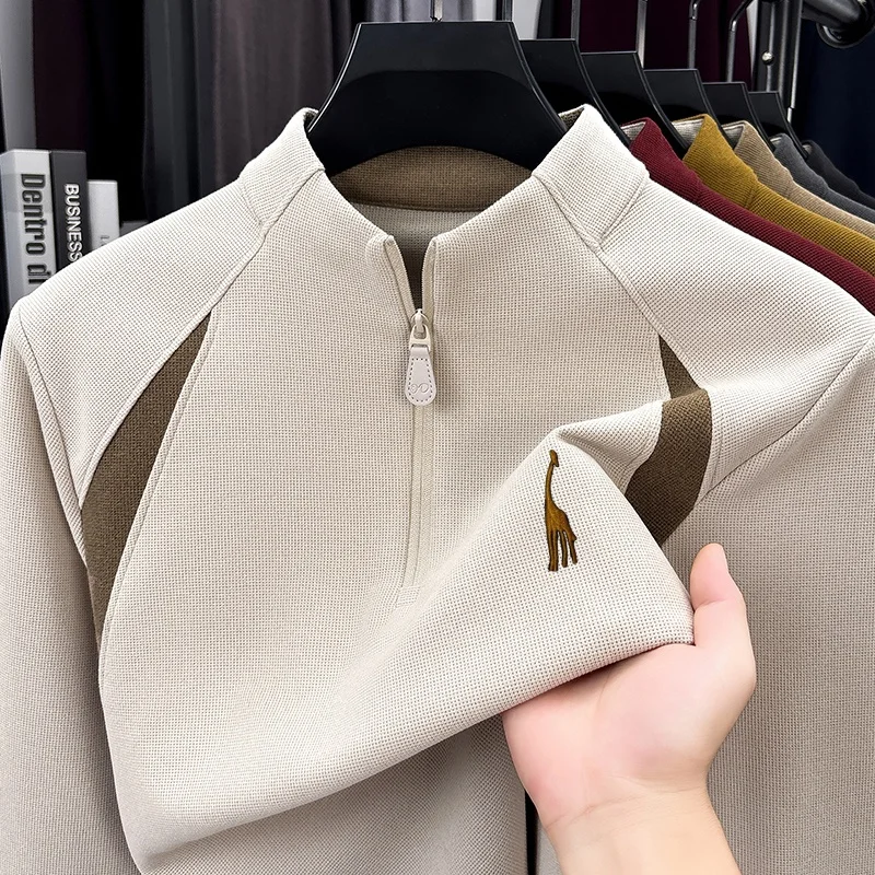 Original Color Block Half Zip Sweatshirt Autumn Winter Keep Warm Embroidery Long Sleeve Tops Versatile Commuting Men's Clothing