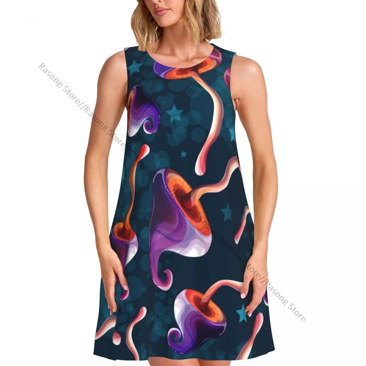 

Women Clothing Dress Magic Mushrooms Round Neck Sleeveless Length Dress