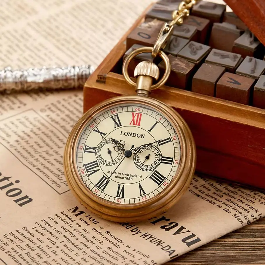 MEN Bronze Vintage Retro Copper Watch Men Alloy Mechanical Pocket Watch with Metal Chain Steampunk Watch Roman