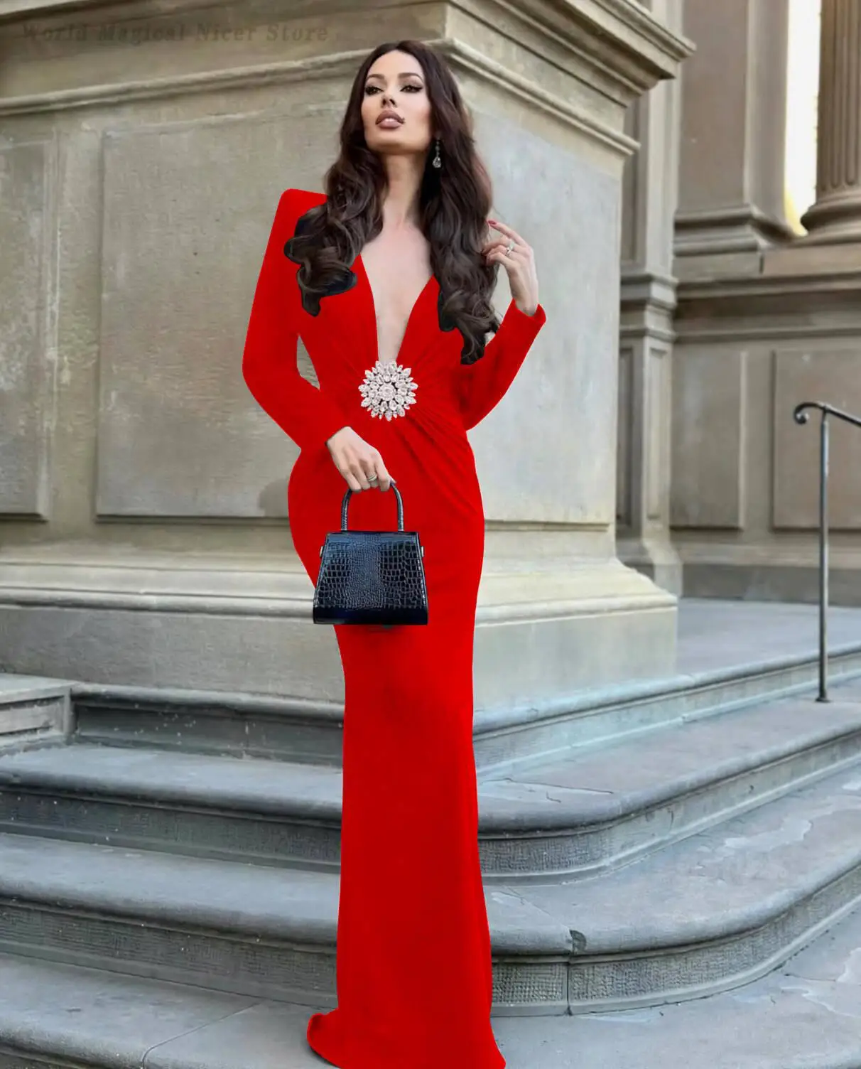Women Elegant Long Sleeve Deep V Rhinestone Button Maxi Dress Slim Formal Evening Gown Cocktail Birthday Banquet High Street
