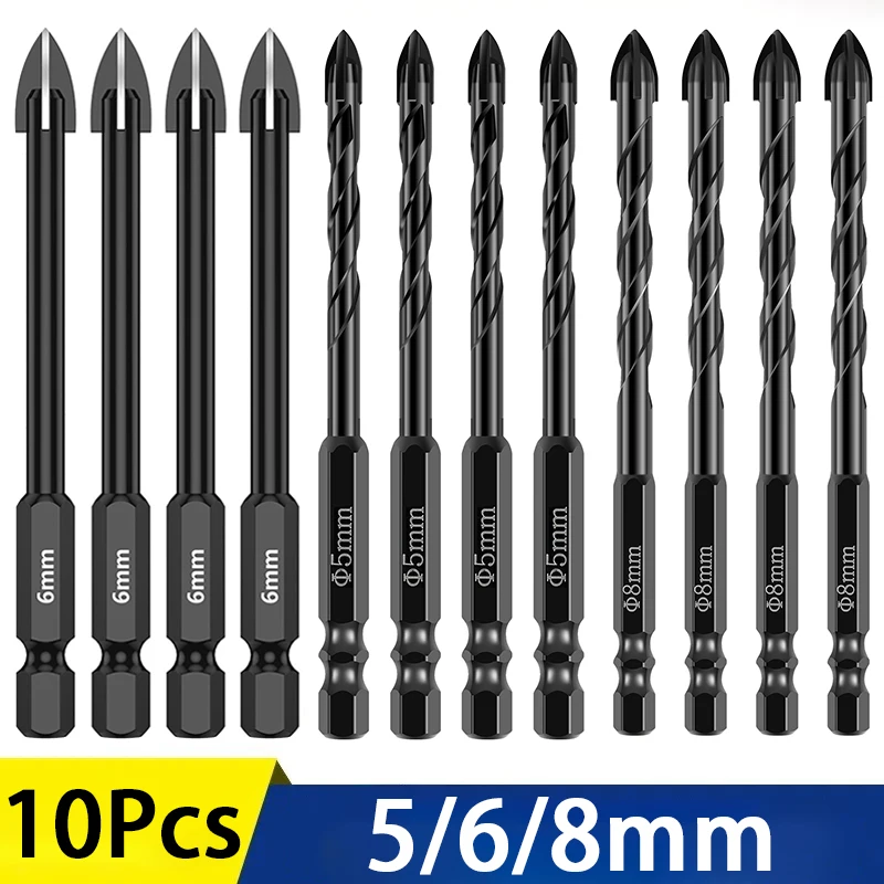 10 Pcs 5/6/8mm Cross Hex Drill Bits Set Tungsten Carbide Tile Ceramic Glass Brick Universal Drilling Tool Hole Opener for Wall