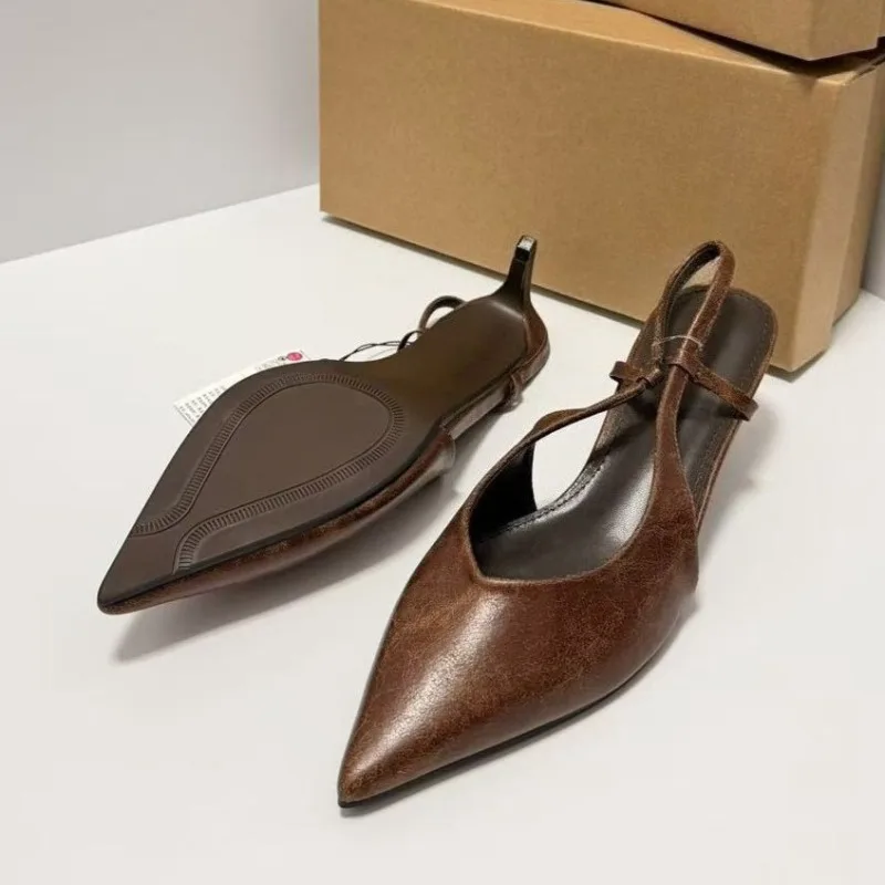 Kitten Heels Summer Women Dress Sandals Vintage Brown Sexy Pointed Toe Slingback Office Work Zapatos De Mujer Ladies Shoes view 5