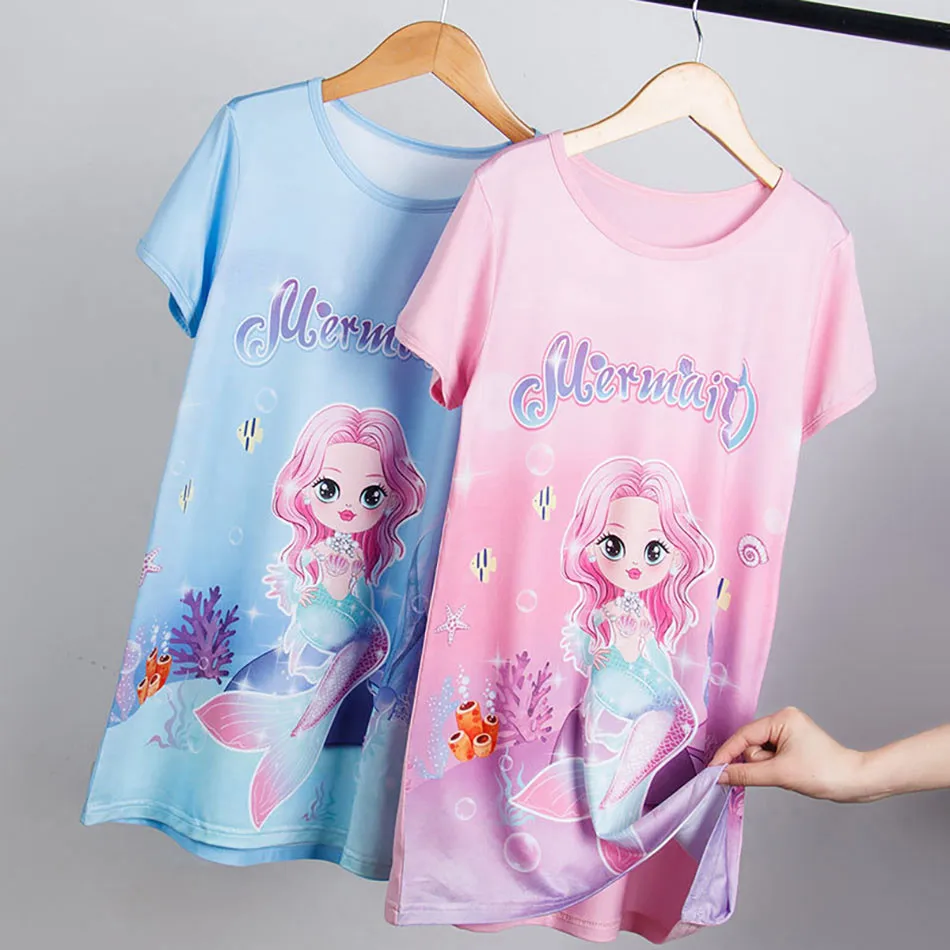 Children Nightgowns Ice Silk Short Sleeve Nightdress with Sweet Mermaid Pattern for Girls Comfortable Sleep and Home Clothing