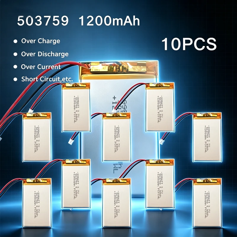 10 Stück 503759 Lipo-Akku 3,7 V 1200 mAh Polymer-Lithium-Batterien PH2,0 mm für Fahrtenschreiber, Milchpumpe, Bluetooth-Audio, LED