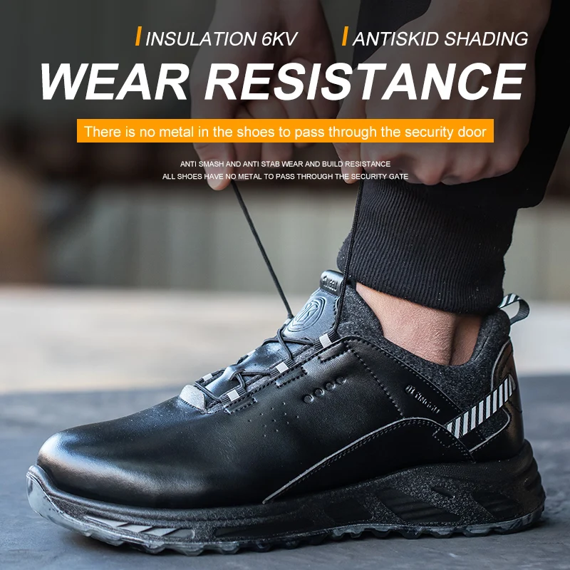 Insulation 6KV Black Leather Work Shoes For Men Anti Smashing Steel Toe Cap Boots Non-slip Indestructible Male Footwear