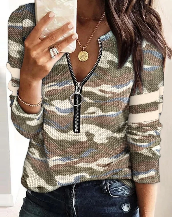 

Waffle Knitted Camouflage Printed Round Neck Long Sleeve Front Zipper T-shirt for Women's Fashion Casual Top for Women
