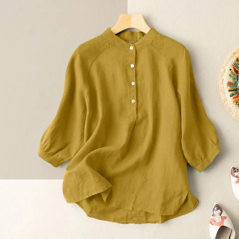 

Women's Summer Vintage Literary Loose Color Linen irt round Ne ort Sve Pure Color PU Material Casual Faion