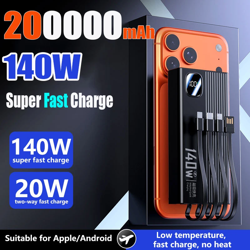 140 Вт 200000 мАч Power Bank большой емкости 4 в 1 кабели интеллектуальный цифровой дисплей свет портативный Powerbank для iPhone Huawei новый